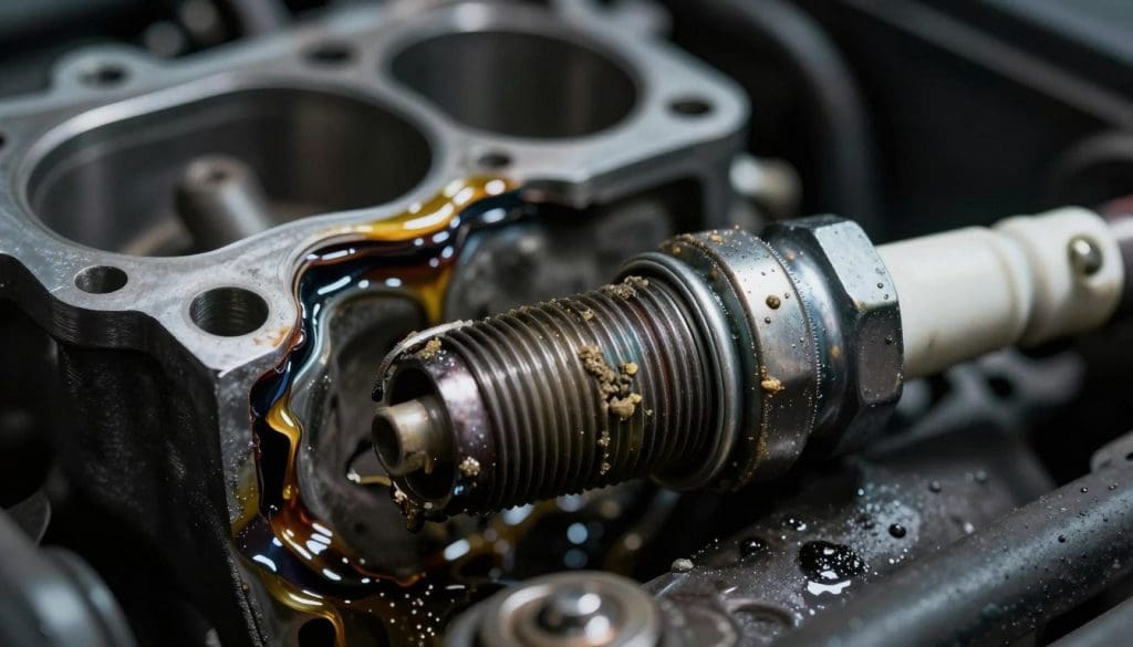 A close-up view of a spark plug displaying signs of fouling, with carbon deposits clinging to the electrode and ceramic insulator. In the middle ground, a cross-section of a combustion chamber reveals visible leaks around the head gasket area, showcasing oil and coolant mixing with the combustion gases. The background includes dimly lit engine components for context, enhancing the mechanical atmosphere. Use dramatic lighting to highlight the textures of the deprived spark plug and wet surfaces, creating a stark contrast with shadows. Capture the scene with a macro lens, focusing on the intricate details, evoking a serious and technical mood suitable for an automotive diagnostics setting.