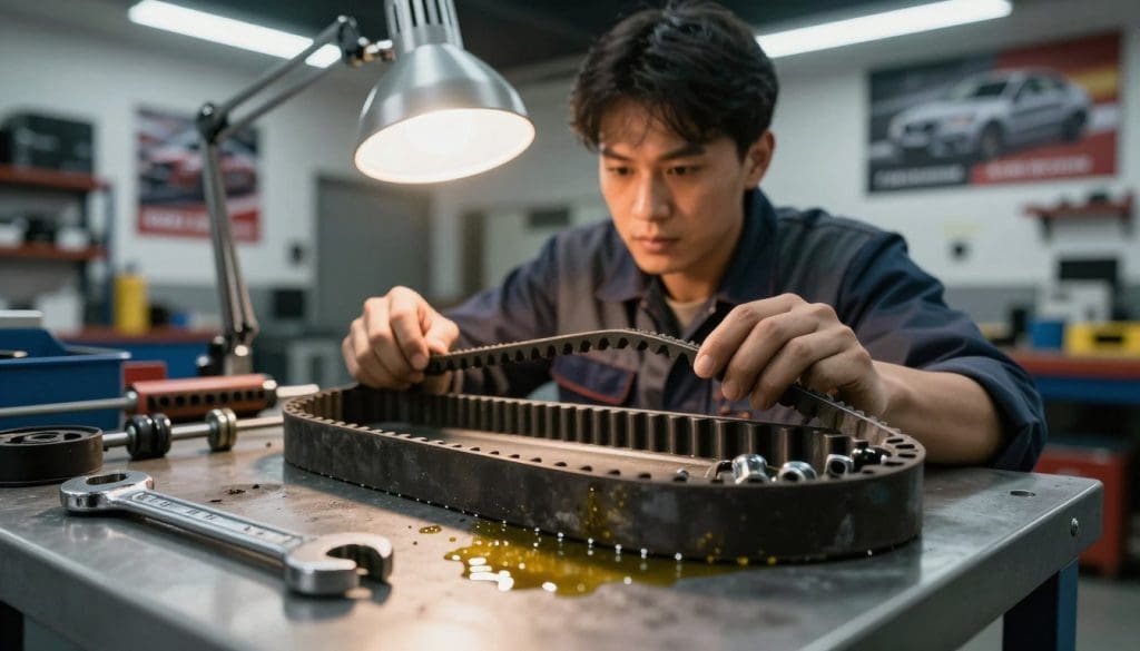 A close-up view of a timing belt service in an automotive workshop, focusing on a worn timing belt resting on a workbench. The foreground features detailed tools like wrenches and torque specifications, with a glimmer of oil reflecting the overhead fluorescent lights, creating a clinical atmosphere. In the middle ground, a mechanic in professional attire examines the belt under a bright task lamp, his face reflecting concentration and seriousness about maintenance. The background showcases a well-organized garage filled with car parts, posters emphasizing driving habits, and various automotive posters. The overall mood is one of urgency, highlighting the importance of proper vehicle maintenance and the unseen influence of driving habits on component lifespan. The image is well-lit, shot with a 50mm lens to capture intricate details.