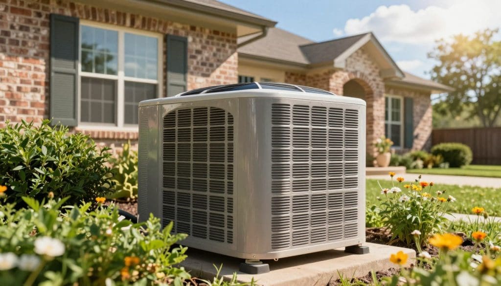 A close-up view of a well-maintained air conditioning unit installed outside a sunlit Texas home. In the foreground, show vibrant green shrubs and blooming wildflowers illustrating the summer season. The middle ground features a sleek, modern AC unit with glistening metal and neatly arranged ductwork. In the background, depict a classic Texan brick home with a blue sky, fluffy clouds, and the harsh sunlight highlighting the unit’s efficiency. The mood is bright and inviting, suggesting comfort in the sweltering heat, emphasizing the importance of regular AC maintenance. Utilize natural lighting, with a slight lens flare to enhance the summer atmosphere, while ensuring the overall aesthetic feels warm and reassuring. A close-up view of a well-maintained air conditioning unit installed outside a sunlit Texas home. In the foreground, show vibrant green shrubs and blooming wildflowers illustrating the summer season. The middle ground features a sleek, modern AC unit with glistening metal and neatly arranged ductwork. In the background, depict a classic Texan brick home with a blue sky, fluffy clouds, and the harsh sunlight highlighting the unit’s efficiency. The mood is bright and inviting, suggesting comfort in the sweltering heat, emphasizing the importance of regular AC maintenance. Utilize natural lighting, with a slight lens flare to enhance the summer atmosphere, while ensuring the overall aesthetic feels warm and reassuring.