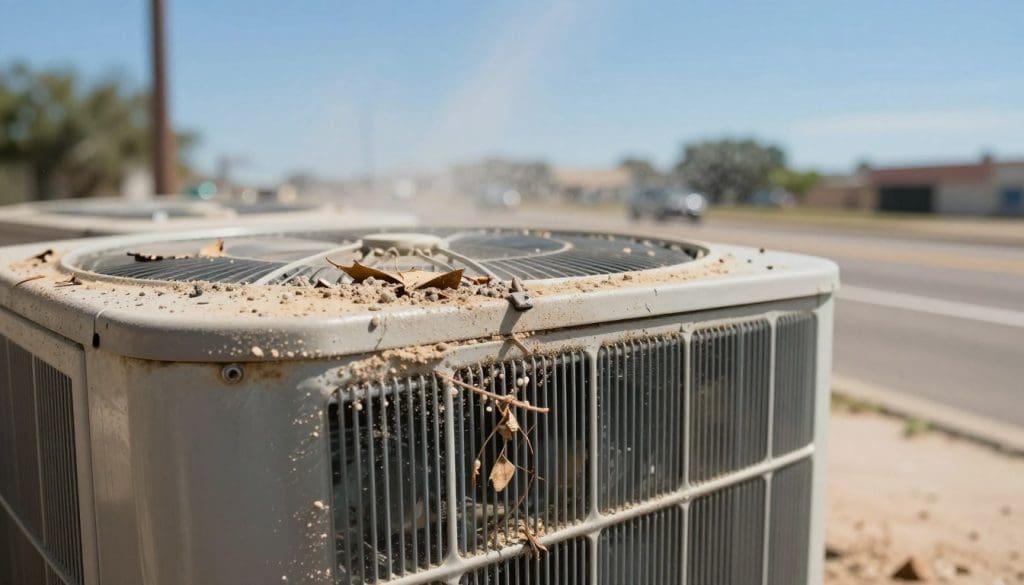A close-up view of an air conditioning condenser unit, prominently showing blockages caused by road debris and dust. In the foreground, focus on the unit covered in a layer of fine dust and small pieces of gravel, with a few twigs and leaves entangled in the grill. The middle ground features a sunny Texas summer backdrop, with a bright blue sky and faint heat waves shimmering above the pavement. Soft, natural lighting illuminates the scene, emphasizing the textures of the debris and the grit on the condenser. In the background, a blurred image of a busy road can be seen, hinting at the source of the debris. The atmosphere is dry and hot, conveying the challenges of maintaining an air conditioning system in extreme weather. A close-up view of an air conditioning condenser unit, prominently showing blockages caused by road debris and dust. In the foreground, focus on the unit covered in a layer of fine dust and small pieces of gravel, with a few twigs and leaves entangled in the grill. The middle ground features a sunny Texas summer backdrop, with a bright blue sky and faint heat waves shimmering above the pavement. Soft, natural lighting illuminates the scene, emphasizing the textures of the debris and the grit on the condenser. In the background, a blurred image of a busy road can be seen, hinting at the source of the debris. The atmosphere is dry and hot, conveying the challenges of maintaining an air conditioning system in extreme weather.