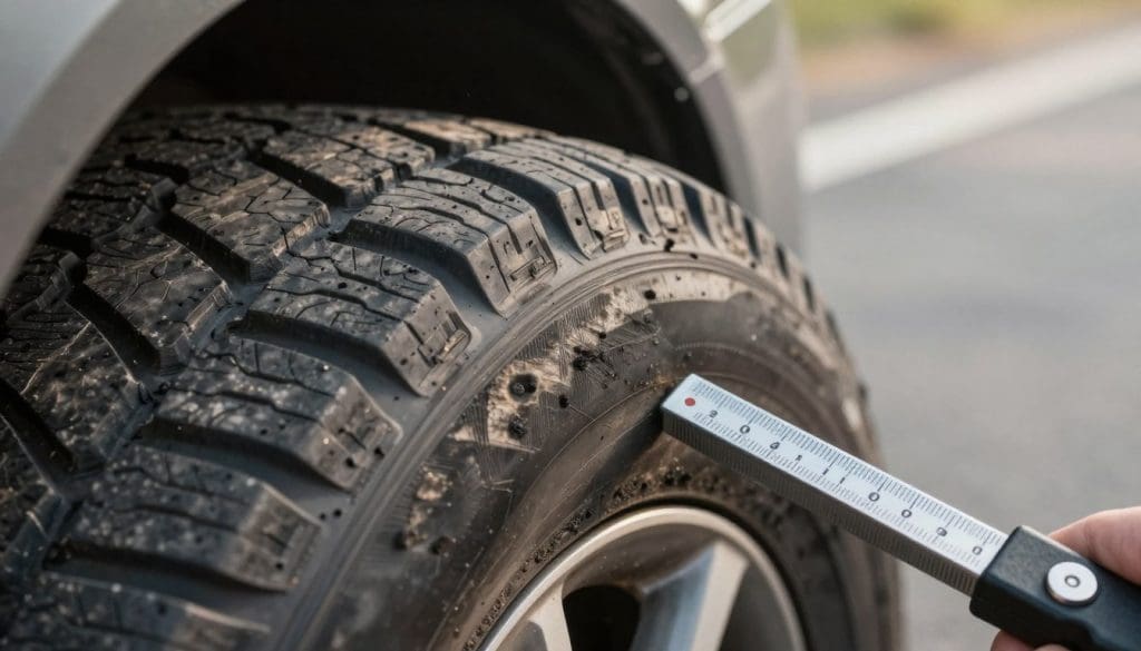 A close-up view of an automobile tire showcasing its tread depth, with a focus on the worn areas revealing the rubber and patterns of the tread. In the foreground, display a measuring tool or gauge indicating the depth, juxtaposed with a portion of the tire that appears dangerously bald. In the middle ground, highlight the contrast between healthy tread patterns and areas where the tread has significantly worn down. The background should be subtly blurred, featuring an asphalt road, faintly illuminated by soft, natural sunlight to create a sense of urgency and realism. Capture the mood of caution and concern, illustrating the potential dangers of driving on bald tires, ensuring the composition has no text or overlays.