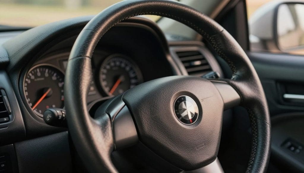 A close-up view of an automobile's steering wheel tilted off center, showcasing an interior dashboard with a speedometer and gauges in the background. The steering wheel is leather-wrapped with visible stitching, emphasizing its misalignment. The foreground captures the texture of the wheel and the reflections of ambient light on its surface. The middle ground features the dashboard with subtle shadows, illuminated by warm, diffused lighting that gives an inviting atmosphere. The background hints at a well-maintained car interior, subtly blurred to draw attention to the steering wheel. The overall mood should convey a sense of concern, enhancing the viewer's understanding of the importance of proper vehicle alignment. A close-up view of an automobile's steering wheel tilted off center, showcasing an interior dashboard with a speedometer and gauges in the background. The steering wheel is leather-wrapped with visible stitching, emphasizing its misalignment. The foreground captures the texture of the wheel and the reflections of ambient light on its surface. The middle ground features the dashboard with subtle shadows, illuminated by warm, diffused lighting that gives an inviting atmosphere. The background hints at a well-maintained car interior, subtly blurred to draw attention to the steering wheel. The overall mood should convey a sense of concern, enhancing the viewer's understanding of the importance of proper vehicle alignment.