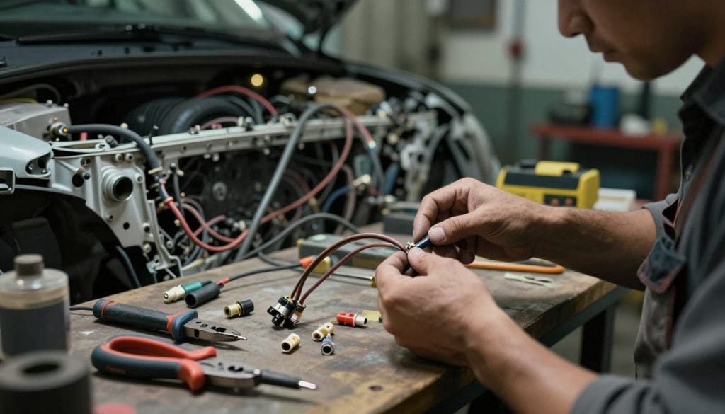 A close-up view of an automotive mechanic's workspace focused on a wiring repair, showcasing a cluttered table with tools like wire strippers, connectors, and soldering iron. In the foreground, hands of an expert mechanic in modest, casual clothing are skillfully manipulating a damaged wire harness, highlighting the intricate details of the wires and connectors. The middle layer features a partially disassembled vehicle's interior, with exposed factory wiring and aftermarket components intertwined, creating a complex visual narrative. The background captures a dimly lit garage ambiance, with soft overhead lighting casting gentle shadows, enhancing the atmosphere of meticulous repair work. The image conveys a sense of concentration and craftsmanship, illustrating the challenge of addressing electrical issues in cars. A close-up view of an automotive mechanic's workspace focused on a wiring repair, showcasing a cluttered table with tools like wire strippers, connectors, and soldering iron. In the foreground, hands of an expert mechanic in modest, casual clothing are skillfully manipulating a damaged wire harness, highlighting the intricate details of the wires and connectors. The middle layer features a partially disassembled vehicle's interior, with exposed factory wiring and aftermarket components intertwined, creating a complex visual narrative. The background captures a dimly lit garage ambiance, with soft overhead lighting casting gentle shadows, enhancing the atmosphere of meticulous repair work. The image conveys a sense of concentration and craftsmanship, illustrating the challenge of addressing electrical issues in cars.