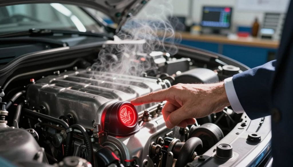 A close-up view of an engine dashboard displaying a glowing red temperature warning light, emphasizing the critical sign of overheating. In the foreground, a hand in a professional business attire is pointing at the warning light, illustrating urgency. In the middle ground, the engine compartment with visible heat distortion waves, steam rising from the engine, and metal components reflecting the sunlight, hinting at high temperatures. In the background, a blurred mechanic's workshop atmosphere with tools and diagnostic equipment, creating a sense of professionalism. The lighting is bright and intense, casting sharp shadows to highlight the critical nature of the overheating issue. The overall mood conveys urgency and the seriousness of engine maintenance.