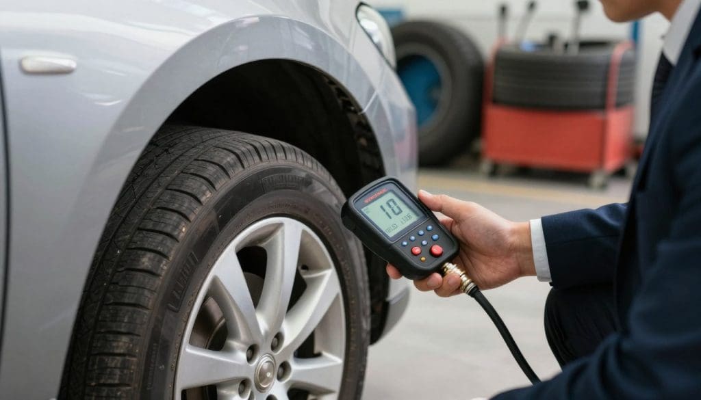 A detailed automotive scene focusing on a close-up of a person in professional business attire checking tire pressure with a digital gauge. In the foreground, the gauge is prominently displayed, showing an optimal tire pressure reading. The middle layer features a well-maintained car with slightly worn tires, illustrating the importance of pressure on tire health. The background reveals a workshop setting with tools and tire-related visuals, creating an educational atmosphere. Soft, natural lighting highlights the details of the tire tread and the gauge, casting subtle shadows to enhance depth. The mood conveys professionalism and diligence, emphasizing the significance of proper tire maintenance to prevent premature wear.