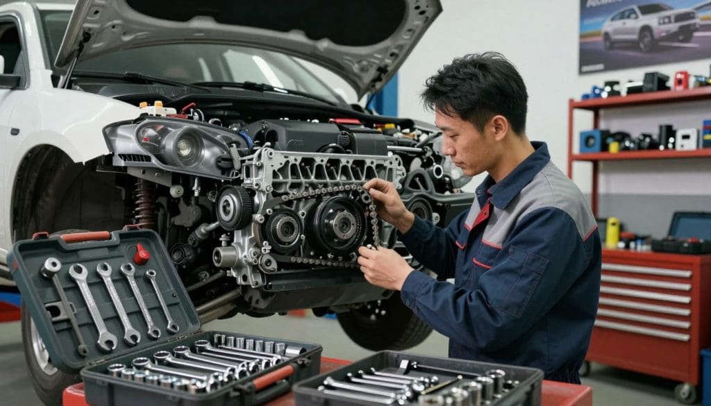 A detailed automotive workshop environment showcasing a mechanic performing timing belt chain service in a bright, well-lit garage. In the foreground, the mechanic, dressed in a professional work uniform, is meticulously examining a timing belt chain, surrounded by tools like wrenches and sockets neatly arranged in foreground toolboxes. The middle ground features a raised vehicle with its engine exposed, highlighting the timing belt mechanism. The background contains shelves filled with automotive parts and posters on vehicle maintenance, enhancing the technical setting. Soft overhead lighting creates a focused atmosphere, emphasizing the importance and precision of the task, while the angle captures a slightly elevated view, ensuring all elements are clearly visible.