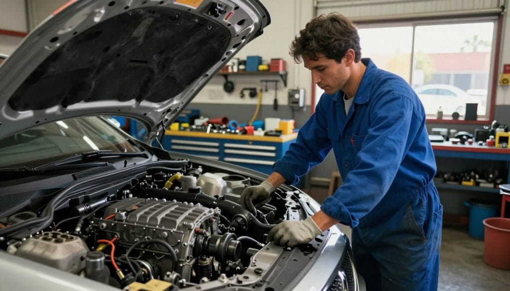 A detailed automotive workshop in San Antonio, showcasing an engine replacement process. In the foreground, a mechanic in a blue jumpsuit with gloves works on a car hood, exposing the engine, which is being lifted out with a hydraulic hoist. The middle ground features various tools and parts laid out neatly on a bench, with a backdrop of tool cabinets and equipment typical of a busy automotive shop. In the background, a window reveals a sunny day outside, casting warm light into the workspace, enhancing the industrious atmosphere. The image is captured with a slight low-angle perspective to emphasize the mechanic's focused expression and the intricate details of the engine components, evoking a sense of professionalism and expertise in engine replacement.
