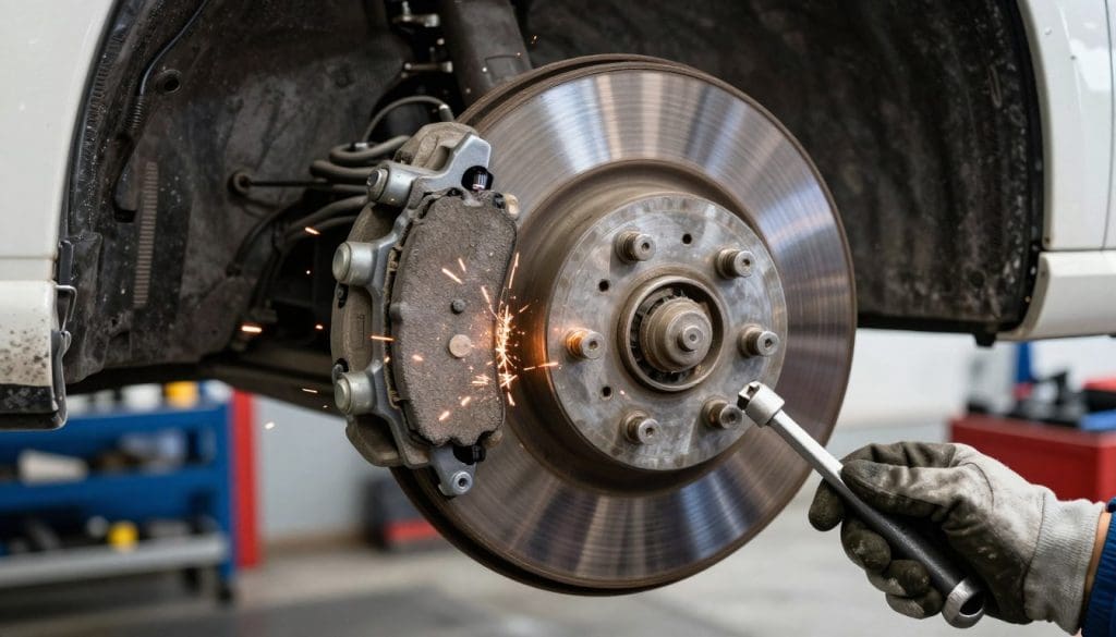 A detailed close-up image of a car's brake disc and pad, showcasing evident signs of wear. The brake pad is thin, with metal-on-metal contact visibly causing sparks, while a slight sheen of dust covers the surrounding area. In the foreground, include a mechanic’s hand, wearing a durable glove, holding a caliper tool, inspecting the brake system. The background should feature a well-lit garage environment with tools organized neatly, emphasizing a professional atmosphere. Capture the scene with a slightly low angle to highlight the brake mechanism, illuminated by warm white light to create a realistic and engaging mood. Avoid any distractions or text, focusing entirely on the critical elements of brake wear and inspection.