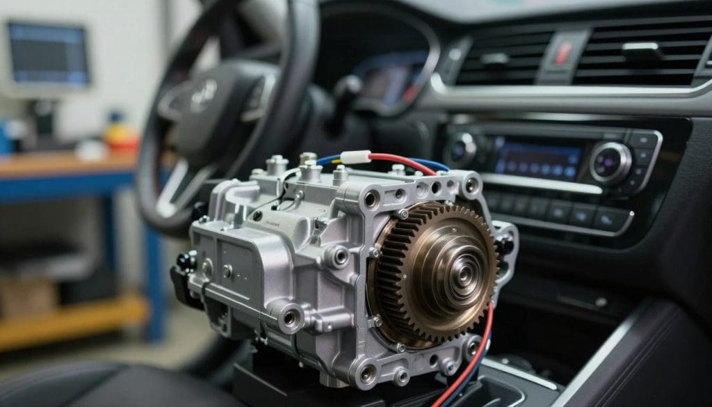 A detailed close-up of a blend door actuator, showcasing its intricate mechanical components, including gears and wiring. This part should be positioned in the foreground, with a slightly blurred view of a car's interior climate control panel in the middle ground, emphasizing its context within vehicle systems. The background should depict a well-lit automotive workshop, with tools and diagnostic equipment subtly visible, enhancing the technical atmosphere. Soft, diffused lighting should illuminate the actuator, highlighting its metallic surfaces and textures, while a slight depth of field effect adds focus to the actuator itself. The overall mood conveys precision and engineering, illustrating the vital role of this component in maintaining a vehicle’s temperature control.