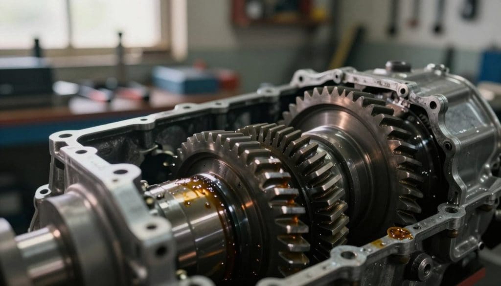 A detailed close-up of a car's transmission system showing signs of gear slip. The foreground features a shiny, metallic gearbox with highlighted gears that are elegantly meshed yet misaligned, depicting the critical moment of slippage. In the middle ground, there are faintly visible tool marks on the metal casing, and oil residue reflects the warm light, hinting at wear and tear. The background is softly blurred, showcasing a mechanic's cluttered workshop with tools and parts, illuminated by natural light streaming through a window, creating a tense, yet informative ambiance. The image conveys urgency and the importance of addressing mechanical issues before they escalate, inviting viewers to consider the consequences of negligence in vehicle maintenance. A detailed close-up of a car's transmission system showing signs of gear slip. The foreground features a shiny, metallic gearbox with highlighted gears that are elegantly meshed yet misaligned, depicting the critical moment of slippage. In the middle ground, there are faintly visible tool marks on the metal casing, and oil residue reflects the warm light, hinting at wear and tear. The background is softly blurred, showcasing a mechanic's cluttered workshop with tools and parts, illuminated by natural light streaming through a window, creating a tense, yet informative ambiance. The image conveys urgency and the importance of addressing mechanical issues before they escalate, inviting viewers to consider the consequences of negligence in vehicle maintenance.