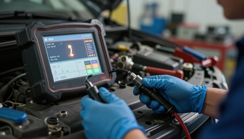 A detailed close-up of a mechanic's hands examining a car's onboard diagnostic device, featuring a lit check engine signal in the background. The foreground captures the hands wearing blue nitrile gloves, manipulating diagnostic cables connected to the device. In the middle ground, the diagnostic device displays various technical readings, illuminated by a soft, warm light. The background showcases a dimly lit garage with tools and parts neatly organized, adding an organized yet busy atmosphere. The overall lighting should create a serious but hopeful mood, suggesting that proper diagnostics lead to preventive measures, ensuring the reliability of the vehicle. The angle is slightly tilted to enhance depth, focusing on the mechanic's engagement with the technology. A detailed close-up of a mechanic's hands examining a car's onboard diagnostic device, featuring a lit check engine signal in the background. The foreground captures the hands wearing blue nitrile gloves, manipulating diagnostic cables connected to the device. In the middle ground, the diagnostic device displays various technical readings, illuminated by a soft, warm light. The background showcases a dimly lit garage with tools and parts neatly organized, adding an organized yet busy atmosphere. The overall lighting should create a serious but hopeful mood, suggesting that proper diagnostics lead to preventive measures, ensuring the reliability of the vehicle. The angle is slightly tilted to enhance depth, focusing on the mechanic's engagement with the technology.
