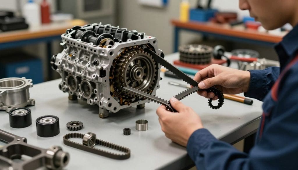 A detailed close-up of a timing component service scene, featuring high-quality tools laid out on a clean, organized workbench. In the foreground, a mechanic dressed in professional attire is examining a timing belt, with various replacement parts such as tensioners and water pumps neatly arranged nearby. In the middle ground, there's a partially disassembled engine, showcasing the timing cover and gears, with visible grease and metal textures. The background is softly blurred, highlighting workshop elements like shelves with tools and parts, under warm, focused lighting to enhance the technical atmosphere. The overall mood is professional and informative, aiming to convey the importance of timely replacement of automotive components for engine performance.