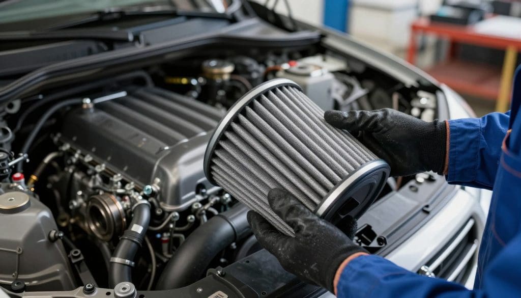 A detailed close-up of an automotive air filter being inspected, focusing on its texture and cleanliness, illustrating its essential role in engine longevity. In the foreground, a gloved hand of a mechanic in professional attire is holding the air filter, showcasing its intricate layers. In the middle ground, a semi-disassembled car engine highlights the filter's connection, with visible components such as hoses and screws beautifully arranged. The background features a well-lit garage with soft ambient lighting that emphasizes the mechanical details, enhancing the professional atmosphere. The overall mood conveys a sense of diligence and care, underscoring the importance of air filters in maintaining engine health, captured from a slightly elevated angle for depth and perspective. A detailed close-up of an automotive air filter being inspected, focusing on its texture and cleanliness, illustrating its essential role in engine longevity. In the foreground, a gloved hand of a mechanic in professional attire is holding the air filter, showcasing its intricate layers. In the middle ground, a semi-disassembled car engine highlights the filter's connection, with visible components such as hoses and screws beautifully arranged. The background features a well-lit garage with soft ambient lighting that emphasizes the mechanical details, enhancing the professional atmosphere. The overall mood conveys a sense of diligence and care, underscoring the importance of air filters in maintaining engine health, captured from a slightly elevated angle for depth and perspective.