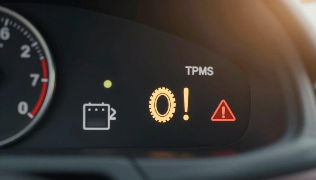 A detailed close-up of various car dashboard warning symbols, specifically focusing on Tire Pressure Monitoring System (TPMS) icons. In the foreground, prominently display a glowing TPMS symbol, depicted as a warning light with an outline of a tire and an exclamation mark. In the middle ground, include other related warning symbols such as the oil pressure light and battery warning, softly illuminated to suggest an array of dashboard indicators. The background should feature a blurred view of a car interior, emphasizing the dashboard as a focal point. Utilize soft, warm lighting to create a professional and informative mood, with the symbols vividly colored for clarity. Capture the scene from a slight angle to enhance depth while maintaining a clean, organized appearance. A detailed close-up of various car dashboard warning symbols, specifically focusing on Tire Pressure Monitoring System (TPMS) icons. In the foreground, prominently display a glowing TPMS symbol, depicted as a warning light with an outline of a tire and an exclamation mark. In the middle ground, include other related warning symbols such as the oil pressure light and battery warning, softly illuminated to suggest an array of dashboard indicators. The background should feature a blurred view of a car interior, emphasizing the dashboard as a focal point. Utilize soft, warm lighting to create a professional and informative mood, with the symbols vividly colored for clarity. Capture the scene from a slight angle to enhance depth while maintaining a clean, organized appearance.