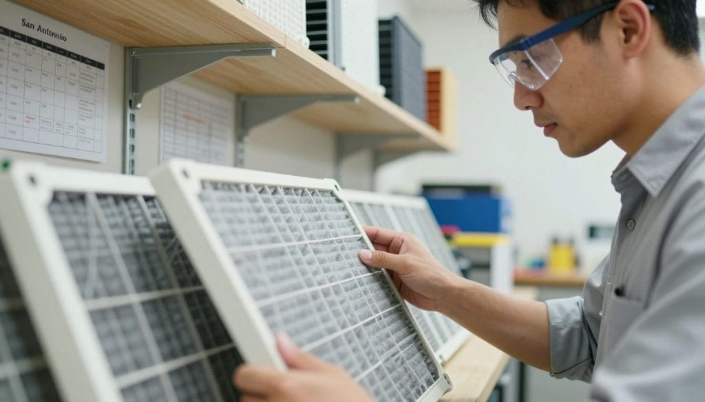 A detailed close-up shot of a professional technician inspecting a range of HVAC air filters in a bright, well-lit workshop in San Antonio. The technician, dressed in neat business attire, wears safety goggles and is focused on examining a filter, showcasing its intricate structure and dust accumulation. In the background, neatly organized shelves display a variety of replacement parts, with some charts and tools visible to highlight the technical environment. The lighting is bright but soft, emphasizing the filters' textures and colors while creating a welcoming atmosphere. The angle is slightly angled to convey depth, suggesting expertise and attention to detail in the selection of the right replacement parts for HVAC systems.