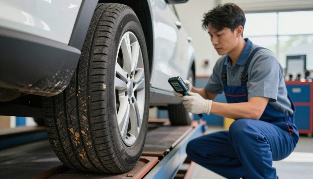 A detailed, close-up view of a car's tire showcasing uneven wear patterns, emphasizing the importance of proper vehicle alignment. In the foreground, focus on the worn tire, highlighting the irregular tread areas to convey the tire's health. In the middle ground, an automobile mechanic in professional attire kneels beside the vehicle, using a tire gauge and inspecting the alignment. The background features a well-lit garage setting with tools and alignment equipment subtly blurred, creating depth. The lighting should be bright and natural, simulating a sunny day illuminating the garage. The atmosphere is informative and professional, aimed at conveying a sense of urgency and care for vehicle maintenance, perfect for San Antonio drivers. A detailed, close-up view of a car's tire showcasing uneven wear patterns, emphasizing the importance of proper vehicle alignment. In the foreground, focus on the worn tire, highlighting the irregular tread areas to convey the tire's health. In the middle ground, an automobile mechanic in professional attire kneels beside the vehicle, using a tire gauge and inspecting the alignment. The background features a well-lit garage setting with tools and alignment equipment subtly blurred, creating depth. The lighting should be bright and natural, simulating a sunny day illuminating the garage. The atmosphere is informative and professional, aimed at conveying a sense of urgency and care for vehicle maintenance, perfect for San Antonio drivers.