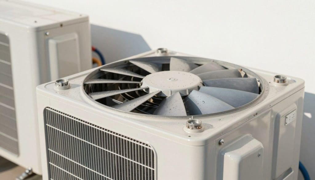 A detailed, close-up view of an air conditioning condenser unit alongside a cooling fan. In the foreground, focus on the metallic fins of the condenser, glistening under natural sunlight with a few drops of condensation. The cooling fan, slightly off-center, has its blades visible, spinning to create an impression of motion. In the middle ground, display a small section of an HVAC system's piping and wiring, emphasizing a functional design. The background features a clean, white wall to provide contrast and depth. The lighting is bright and clear, casting soft shadows, creating an industrial yet professional atmosphere, ideal for illustrating technical malfunctions in cooling systems. The overall mood should be informative and straightforward. A detailed, close-up view of an air conditioning condenser unit alongside a cooling fan. In the foreground, focus on the metallic fins of the condenser, glistening under natural sunlight with a few drops of condensation. The cooling fan, slightly off-center, has its blades visible, spinning to create an impression of motion. In the middle ground, display a small section of an HVAC system's piping and wiring, emphasizing a functional design. The background features a clean, white wall to provide contrast and depth. The lighting is bright and clear, casting soft shadows, creating an industrial yet professional atmosphere, ideal for illustrating technical malfunctions in cooling systems. The overall mood should be informative and straightforward.