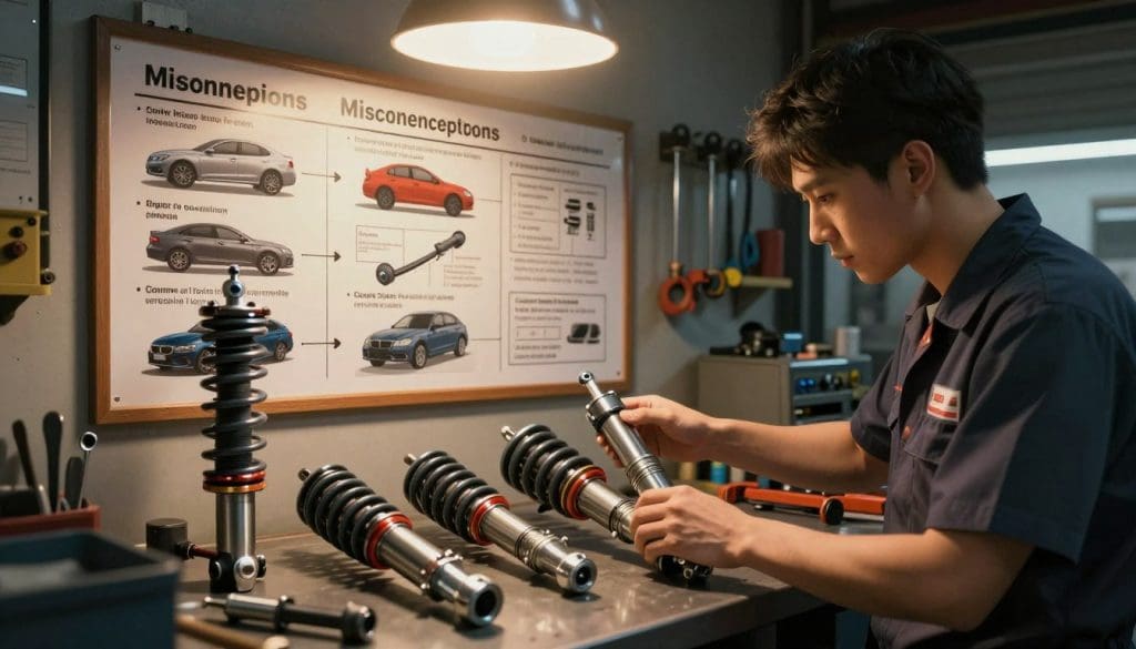 A detailed illustration depicting common misconceptions about suspension upgrades, set in an automotive workshop. In the foreground, show a mechanic inspecting a suspension system with various parts labeled, such as shock absorbers, coil springs, and sway bars. The middle layer features a wall-mounted display board listing misconceptions, with images of different vehicles showcasing common myths contrasted with factual diagrams. In the background, include tools and equipment, dimly lit with warm overhead lighting, creating an industrious atmosphere. The mechanic, wearing a professional uniform, should have a focused expression, highlighting the importance of understanding suspension effects. Capture the scene from a slightly elevated angle to provide depth and perspective, enhancing engagement with the subject matter.