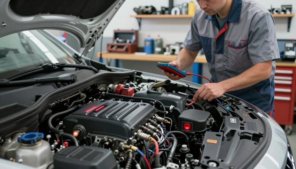 A detailed inspection of a modern car engine in a well-lit automotive workshop, emphasizing the CEL (Check Engine Light) region of the dashboard with a focused close-up angle. In the foreground, showcase a well-maintained engine with visible components such as spark plugs and wiring, while the dashboard features a glowing check engine light illuminated in red. The middle space includes a mechanic wearing a clean, professional outfit, examining the engine with a diagnostic tool in hand. The background is filled with tools, a toolbox, and mechanical parts neatly organized on shelves, providing a sense of a professional environment. Soft natural lighting enhances the overall clarity of the scene, creating a focused yet approachable atmosphere, suitable for educating vehicle owners on common triggers for engine warnings. A detailed inspection of a modern car engine in a well-lit automotive workshop, emphasizing the CEL (Check Engine Light) region of the dashboard with a focused close-up angle. In the foreground, showcase a well-maintained engine with visible components such as spark plugs and wiring, while the dashboard features a glowing check engine light illuminated in red. The middle space includes a mechanic wearing a clean, professional outfit, examining the engine with a diagnostic tool in hand. The background is filled with tools, a toolbox, and mechanical parts neatly organized on shelves, providing a sense of a professional environment. Soft natural lighting enhances the overall clarity of the scene, creating a focused yet approachable atmosphere, suitable for educating vehicle owners on common triggers for engine warnings.