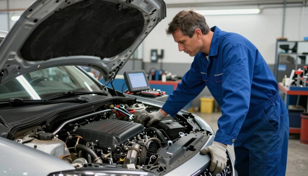 A detailed scene of a professional mechanic inspecting a used car's engine and transmission. The foreground features the mechanic, a middle-aged individual in a blue jumpsuit and safety gloves, focused intently on the open hood of the car, revealing a well-maintained engine. In the middle background, tools like a wrench and a diagnostic scanner are spread out, emphasizing the thoroughness of the inspection. The background shows a clean, well-lit auto shop with bright fluorescent lighting, highlighting the shiny surfaces of various car parts. The atmosphere is serious yet professional, conveying the importance of evaluating a vehicle's health before purchase. The angle captures the mechanic from a slightly elevated perspective, creating a sense of depth and engagement in the inspection process. A detailed scene of a professional mechanic inspecting a used car's engine and transmission. The foreground features the mechanic, a middle-aged individual in a blue jumpsuit and safety gloves, focused intently on the open hood of the car, revealing a well-maintained engine. In the middle background, tools like a wrench and a diagnostic scanner are spread out, emphasizing the thoroughness of the inspection. The background shows a clean, well-lit auto shop with bright fluorescent lighting, highlighting the shiny surfaces of various car parts. The atmosphere is serious yet professional, conveying the importance of evaluating a vehicle's health before purchase. The angle captures the mechanic from a slightly elevated perspective, creating a sense of depth and engagement in the inspection process.
