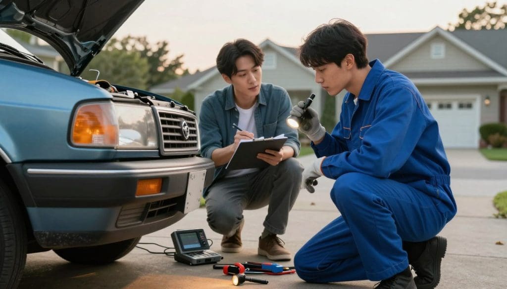 A detailed scene of a used car inspection in a private setting. In the foreground, a mechanic, dressed in professional blue coveralls and gloves, kneels beside an old sedan, examining the undercarriage with a flashlight. The middle ground features another person, a potential buyer in smart casual clothing, observing attentively, taking notes on a clipboard. A layer of tools and diagnostic equipment is scattered around them for authenticity. The background shows a cozy driveway with suburban homes, creating a relaxed atmosphere. Soft, natural lighting from a late afternoon sun casts gentle shadows, enhancing the realism. Capture the focused expressions of both individuals, conveying a sense of diligence and trust during the inspection process. A detailed scene of a used car inspection in a private setting. In the foreground, a mechanic, dressed in professional blue coveralls and gloves, kneels beside an old sedan, examining the undercarriage with a flashlight. The middle ground features another person, a potential buyer in smart casual clothing, observing attentively, taking notes on a clipboard. A layer of tools and diagnostic equipment is scattered around them for authenticity. The background shows a cozy driveway with suburban homes, creating a relaxed atmosphere. Soft, natural lighting from a late afternoon sun casts gentle shadows, enhancing the realism. Capture the focused expressions of both individuals, conveying a sense of diligence and trust during the inspection process.
