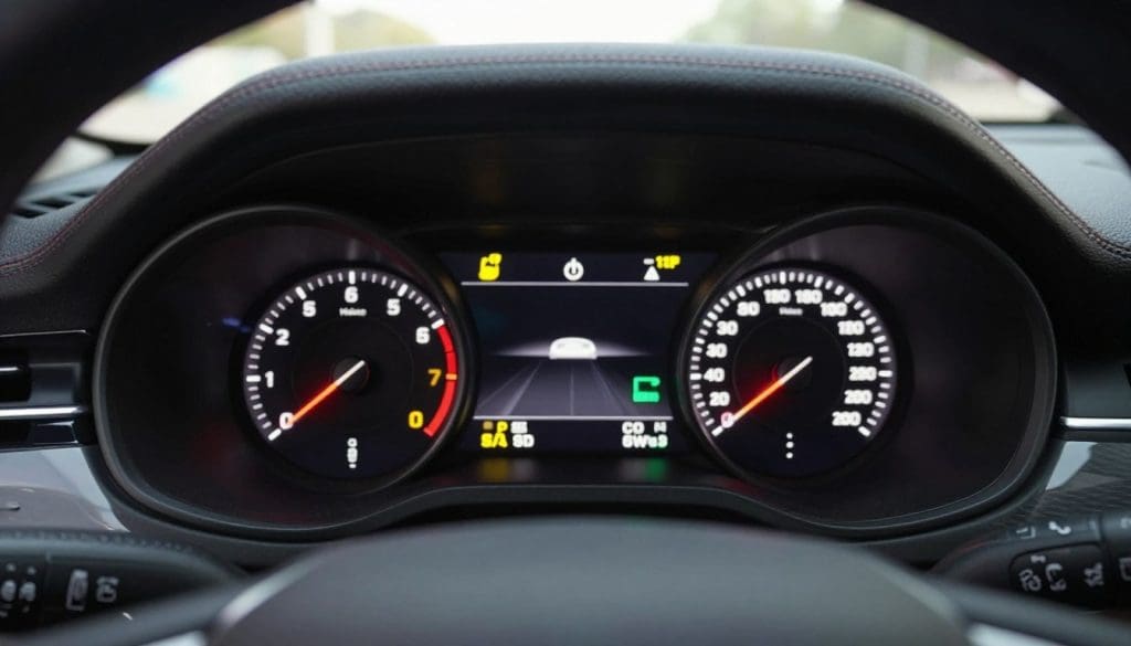 A detailed visual representation of a car dashboard showcasing various steering and suspension system indicators. In the foreground, focus on the vibrant dashboard lights, including icons for power steering, suspension system alerts, and stability control, glowing in contrasting colors like red, yellow, and green. The middle ground features a sleek and modern car dashboard design, highlighting the intricate details of dials and buttons. In the background, suggest a hint of an interior vehicle setting with soft, ambient lighting that creates a professional atmosphere. Use a slightly angled perspective to emphasize the indicators and create depth. Bright, focused lighting should illuminate the dashboard, enhancing the readability of the lights and conveying a sense of urgency and importance. A detailed visual representation of a car dashboard showcasing various steering and suspension system indicators. In the foreground, focus on the vibrant dashboard lights, including icons for power steering, suspension system alerts, and stability control, glowing in contrasting colors like red, yellow, and green. The middle ground features a sleek and modern car dashboard design, highlighting the intricate details of dials and buttons. In the background, suggest a hint of an interior vehicle setting with soft, ambient lighting that creates a professional atmosphere. Use a slightly angled perspective to emphasize the indicators and create depth. Bright, focused lighting should illuminate the dashboard, enhancing the readability of the lights and conveying a sense of urgency and importance.