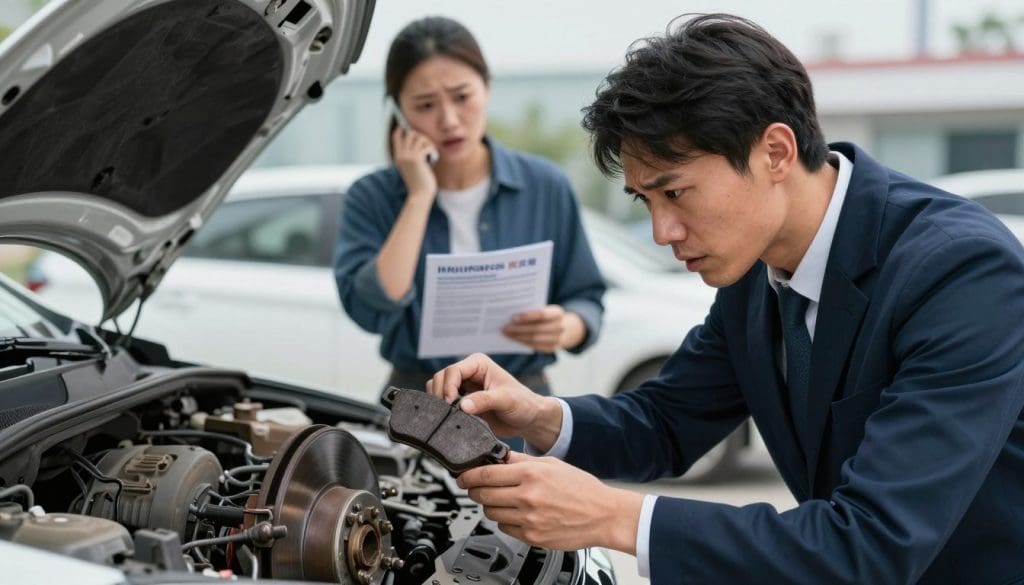 A dramatic and informative scene depicting the insurance implications of driving with faulty brakes. In the foreground, a distressed car mechanic examines worn brake pads, wearing a professional business outfit, suggesting urgency and concern. In the middle ground, a worried driver stands nearby, contemplating the potential financial repercussions of a brake failure while holding an insurance policy. The background features a blurred cityscape, symbolizing daily traffic and the risks associated with driving. The lighting is bold and focused, highlighting the mechanic and the driver, casting soft shadows to create tension. The atmosphere conveys a sense of urgency and seriousness, emphasizing the hidden costs of neglecting brake service in a visually engaging manner.