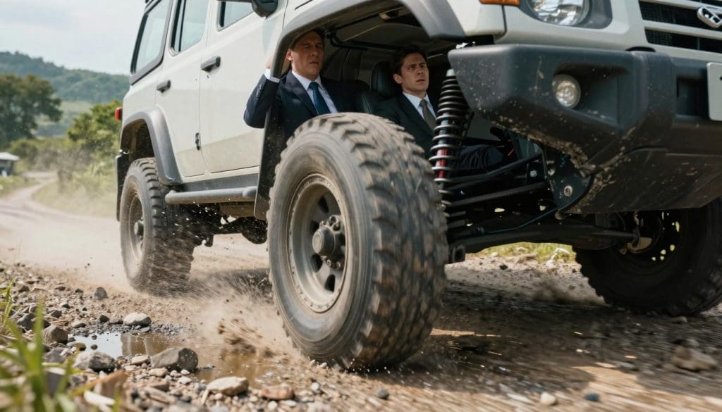 A dynamic scene depicting a vehicle traveling over a rugged, bumpy road, emphasizing the effect of suspension on passenger comfort. In the foreground, show the vehicle's tires in motion, splashing through small puddles and gravel, conveying a sense of movement and turbulence. In the middle ground, illustrate the vehicle's interior with passengers wearing professional business attire, visibly unsettled by the bumps, with expressions of discomfort and unease. In the background, capture a blurred landscape of trees and hills to suggest speed and distance. Use bright, natural lighting to highlight the details, and a slightly tilted angle to enhance the sensation of an uneven ride, creating a mood of tension and urgency.