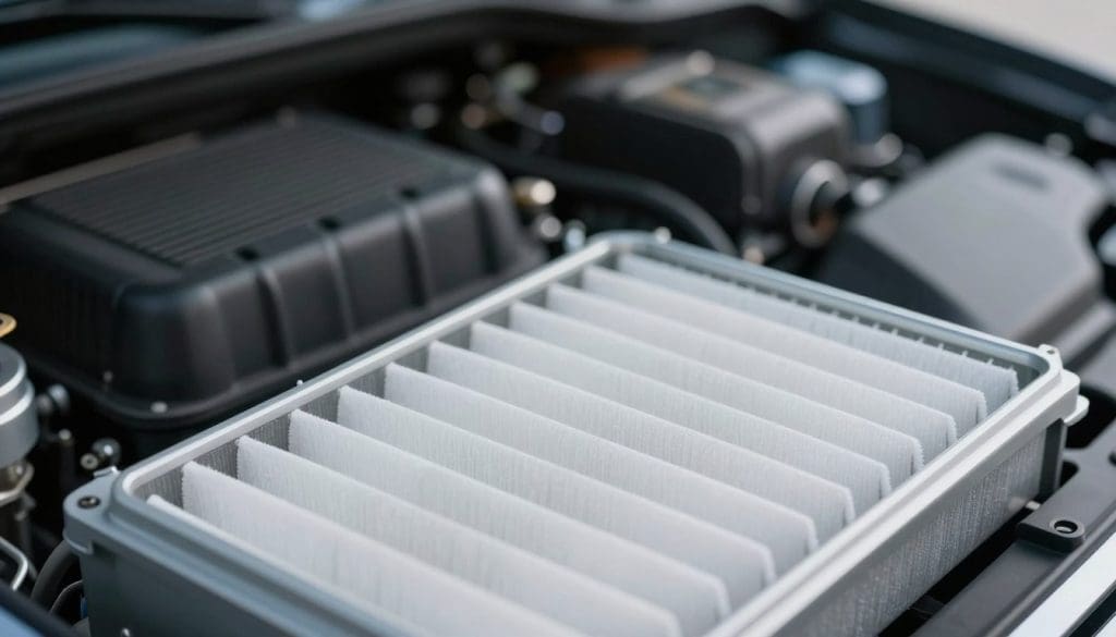 A highly detailed close-up of a modern cabin air filter for an automotive air conditioning system, showcasing the intricate layers and specialized materials used in its construction. The filter is placed prominently in the foreground, with soft diffused lighting highlighting its texture and design. In the middle background, subtly blurred components of a vehicle's HVAC system are visible, suggesting advanced technology. The overall ambiance is clean and professional, with a focus on innovation in cooling technology. The image should convey a sense of modernity and efficiency, using a shallow depth of field to maintain emphasis on the cabin filter while creating a soft focus on the surrounding elements. A highly detailed close-up of a modern cabin air filter for an automotive air conditioning system, showcasing the intricate layers and specialized materials used in its construction. The filter is placed prominently in the foreground, with soft diffused lighting highlighting its texture and design. In the middle background, subtly blurred components of a vehicle's HVAC system are visible, suggesting advanced technology. The overall ambiance is clean and professional, with a focus on innovation in cooling technology. The image should convey a sense of modernity and efficiency, using a shallow depth of field to maintain emphasis on the cabin filter while creating a soft focus on the surrounding elements.