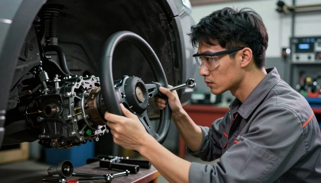 A mechanic in a professional garage, focused on inspecting a car's steering system. In the foreground, the mechanic, dressed in a neat work shirt and safety glasses, examines the steering components with a wrench. The middle ground showcases a partially disassembled steering assembly, with tools and parts strewn around, emphasizing the urgency of repair. The background features a dimly lit workshop filled with various car repair equipment, casting shadowy shapes. The lighting is dramatic, highlighting the mechanic's serious expression and the intricate details of the steering parts. The atmosphere conveys a sense of urgency and concern, illustrating the dangers of neglecting steering repairs. The image captures a moment of crucial decision-making, evoking a strong emotional response. A mechanic in a professional garage, focused on inspecting a car's steering system. In the foreground, the mechanic, dressed in a neat work shirt and safety glasses, examines the steering components with a wrench. The middle ground showcases a partially disassembled steering assembly, with tools and parts strewn around, emphasizing the urgency of repair. The background features a dimly lit workshop filled with various car repair equipment, casting shadowy shapes. The lighting is dramatic, highlighting the mechanic's serious expression and the intricate details of the steering parts. The atmosphere conveys a sense of urgency and concern, illustrating the dangers of neglecting steering repairs. The image captures a moment of crucial decision-making, evoking a strong emotional response.