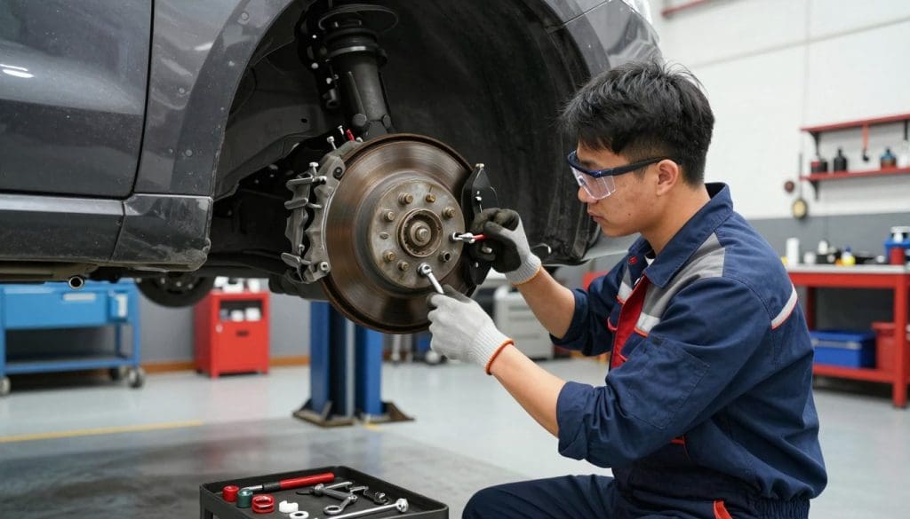 A mechanic in professional attire, focused and skilled, is in the foreground, carefully replacing brake pads on a vehicle's wheel assembly. The mechanic uses high-quality tools, ensuring precision, while wearing protective gear, including gloves and safety glasses. In the middle ground, the vehicle is suspended on a hydraulic lift, revealing the brake system, with a clean, well-organized workspace. Tools and parts are neatly arranged nearby, hinting at quality components for brake repair. The background features a well-lit garage with polished floors and various automotive equipment, radiating a professional atmosphere. The lighting is bright and even, creating a vibrant but serious mood. The camera angle is slightly low, emphasizing the meticulous work being done.