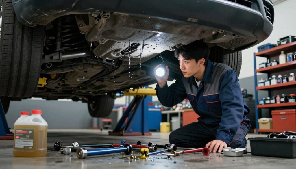 A mechanic in professional attire inspects the underside of a vehicle, focusing on identifying engine fluid leaks. The scene is set in a well-lit garage with bright overhead lights highlighting drips of oil and coolant on the ground beneath the car. In the foreground, an array of tools is neatly arranged beside the mechanic, who is using a flashlight to examine a pivotal area near the engine. The middle ground features the car elevated on a hydraulic lift, showcasing a clear view of its undercarriage. In the background, shelves filled with automotive parts create a sense of an organized workspace. The mood is serious and informative, encouraging attention to detail, and the image is captured from a low angle to emphasize the mechanic’s engagement with the vehicle. A mechanic in professional attire inspects the underside of a vehicle, focusing on identifying engine fluid leaks. The scene is set in a well-lit garage with bright overhead lights highlighting drips of oil and coolant on the ground beneath the car. In the foreground, an array of tools is neatly arranged beside the mechanic, who is using a flashlight to examine a pivotal area near the engine. The middle ground features the car elevated on a hydraulic lift, showcasing a clear view of its undercarriage. In the background, shelves filled with automotive parts create a sense of an organized workspace. The mood is serious and informative, encouraging attention to detail, and the image is captured from a low angle to emphasize the mechanic’s engagement with the vehicle.