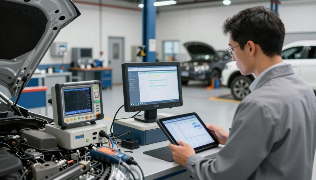 A modern auto diagnostics workshop in San Antonio, featuring state-of-the-art diagnostic tools and equipment. In the foreground, a technician dressed in professional business attire examines a vehicle's computer system using a tablet, displaying diagnostic data. In the middle, various advanced diagnostic machinery such as a digital scanner and oscilloscope are visible, highlighting the precision of modern automotive technology. The background showcases a busy garage with clean, organized workspaces and additional vehicles on lifts, emphasizing the active environment of auto repair. Soft, even lighting illuminates the scene, creating a professional and efficient atmosphere. Capture the mood of innovation and expertise in auto diagnostics, focusing on the role of technology in diagnosing car problems accurately. A modern auto diagnostics workshop in San Antonio, featuring state-of-the-art diagnostic tools and equipment. In the foreground, a technician dressed in professional business attire examines a vehicle's computer system using a tablet, displaying diagnostic data. In the middle, various advanced diagnostic machinery such as a digital scanner and oscilloscope are visible, highlighting the precision of modern automotive technology. The background showcases a busy garage with clean, organized workspaces and additional vehicles on lifts, emphasizing the active environment of auto repair. Soft, even lighting illuminates the scene, creating a professional and efficient atmosphere. Capture the mood of innovation and expertise in auto diagnostics, focusing on the role of technology in diagnosing car problems accurately.