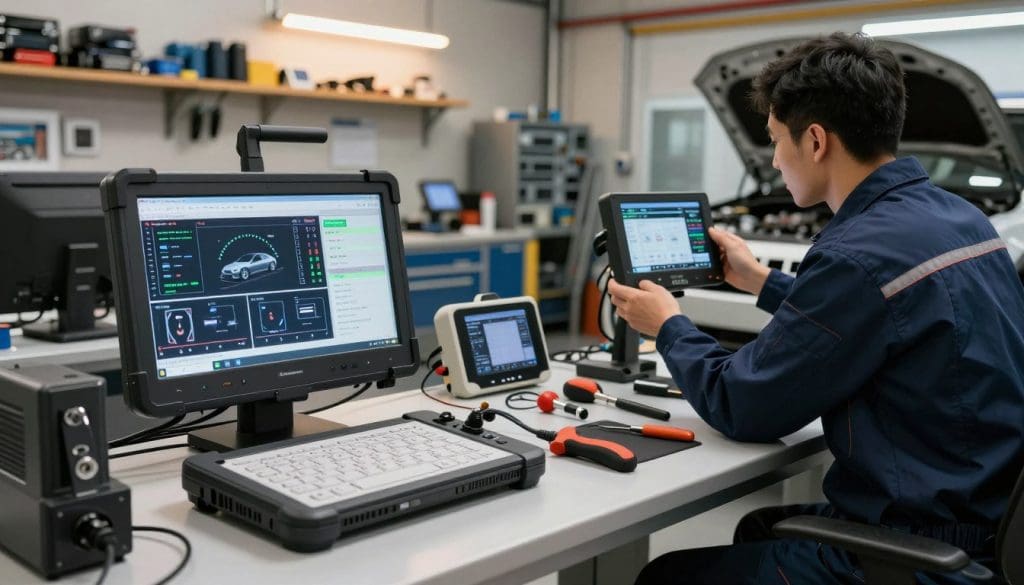 A modern automotive diagnostic workspace filled with professional diagnostic equipment. In the foreground, a sleek, high-tech diagnostic scanner sits on an organized workbench, featuring bright LED screens displaying various vehicle metrics. Various hand tools and electronic devices are artfully arranged nearby, emphasizing precision and expertise. In the middle ground, a mechanic in professional attire examines a vehicle’s onboard diagnostics system, showcasing engagement and focus. The background reveals a well-lit garage with sophisticated tools and parts stored on shelves, underscoring a professional automotive environment. The scene should radiate a sense of professionalism and technical expertise, with warm ambient lighting highlighting the high-tech equipment and creating a welcoming atmosphere. Use a wide-angle lens to capture the entire workspace in detail.