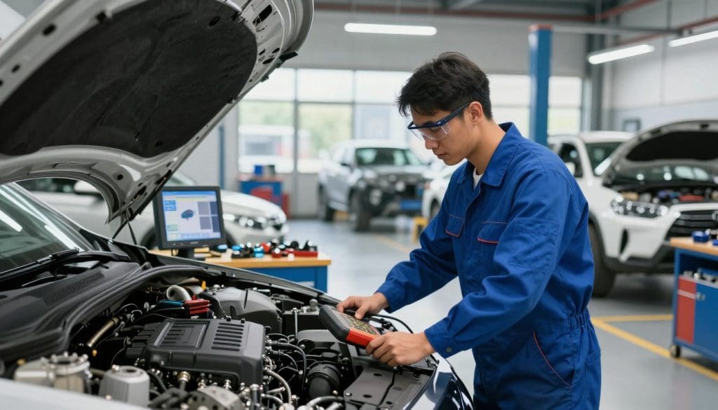 A modern automotive repair shop scene, showcasing a professional mechanic in a clean, well-lit environment, wearing blue coveralls and safety glasses, examining a car engine with a diagnostic tool. In the foreground, detailed engine components and diagnostic screens display current automotive technologies, emphasizing reliability trends. The middle ground features tools neatly organized on a workbench, highlighting a methodical approach to repairs. In the background, a bright, spacious garage with additional vehicles in various states of repair, conveying a busy yet organized atmosphere. Soft, natural lighting filters through large windows, creating an optimistic ambiance that reflects the advancements in automotive reliability and repair. A wide-angle view captures the entire scene, focusing on both the technical and professional aspects of the automotive industry.
