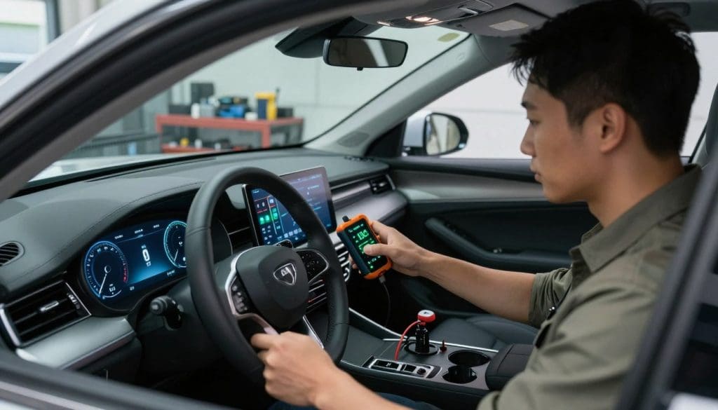 A modern car interior showcasing advanced electrical diagnostics systems, focusing on a high-tech dashboard with intricate displays. In the foreground, a professional technician, wearing smart casual attire, is intently examining the dashboard’s electronic interface, illuminated by soft blue and green lights. The middle ground features additional diagnostic equipment, such as handheld scanners and wires connecting various car systems. In the background, the inside of a garage with tools and spare parts organized neatly. The scene is well-lit to emphasize the sleek design of the car's electronics and conveys a sense of precision and sophistication, highlighting the importance of advanced diagnostics in automotive repair. The angle is slightly tilted to give a dynamic view of the car and technician. A modern car interior showcasing advanced electrical diagnostics systems, focusing on a high-tech dashboard with intricate displays. In the foreground, a professional technician, wearing smart casual attire, is intently examining the dashboard’s electronic interface, illuminated by soft blue and green lights. The middle ground features additional diagnostic equipment, such as handheld scanners and wires connecting various car systems. In the background, the inside of a garage with tools and spare parts organized neatly. The scene is well-lit to emphasize the sleek design of the car's electronics and conveys a sense of precision and sophistication, highlighting the importance of advanced diagnostics in automotive repair. The angle is slightly tilted to give a dynamic view of the car and technician.