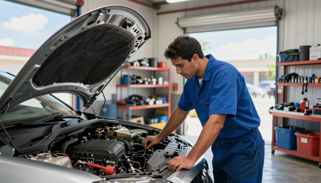 A professional auto mechanic in a well-lit, modern garage in San Antonio, focused on repairing a car engine. In the foreground, the mechanic, dressed in a clean blue uniform, is intently examining an open engine hood, tools neatly arranged nearby. The middle ground features shelves stocked with various automotive parts and tools, creating an organized workspace. The background showcases the exterior of the garage with a welcoming atmosphere, hinting at a sunny San Antonio day with blue skies visible through a window. The lighting is bright and natural, creating a sense of professionalism and readiness. The overall mood conveys trust and expertise in engine repair, emphasizing the importance of professional service. A professional auto mechanic in a well-lit, modern garage in San Antonio, focused on repairing a car engine. In the foreground, the mechanic, dressed in a clean blue uniform, is intently examining an open engine hood, tools neatly arranged nearby. The middle ground features shelves stocked with various automotive parts and tools, creating an organized workspace. The background showcases the exterior of the garage with a welcoming atmosphere, hinting at a sunny San Antonio day with blue skies visible through a window. The lighting is bright and natural, creating a sense of professionalism and readiness. The overall mood conveys trust and expertise in engine repair, emphasizing the importance of professional service.