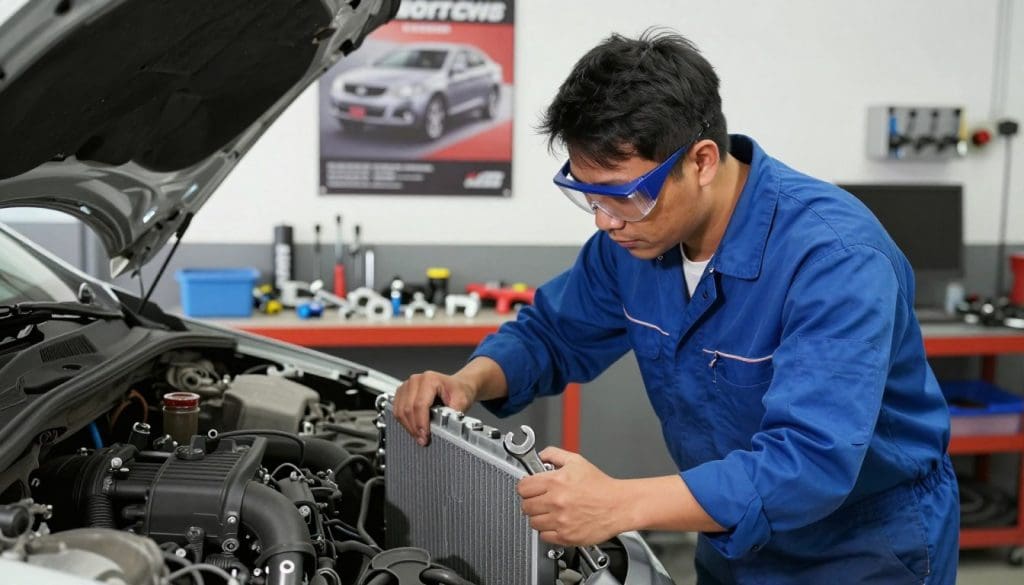 A professional automotive technician in a clean, well-lit workshop, focused on repairing a cooling system of a car. In the foreground, a technician wearing a blue uniform and safety goggles is examining a car’s radiator with a wrench in hand. In the middle, various automotive tools and parts are organized neatly on a workbench, showcasing a dedication to quality service. In the background, a large poster on the wall promoting automotive care emphasizes customer support. The lighting is bright and inviting, highlighting the details and ensuring a sense of professionalism and trust. The atmosphere feels industrious yet approachable, capturing the essence of automotive repair services for San Antonio drivers.