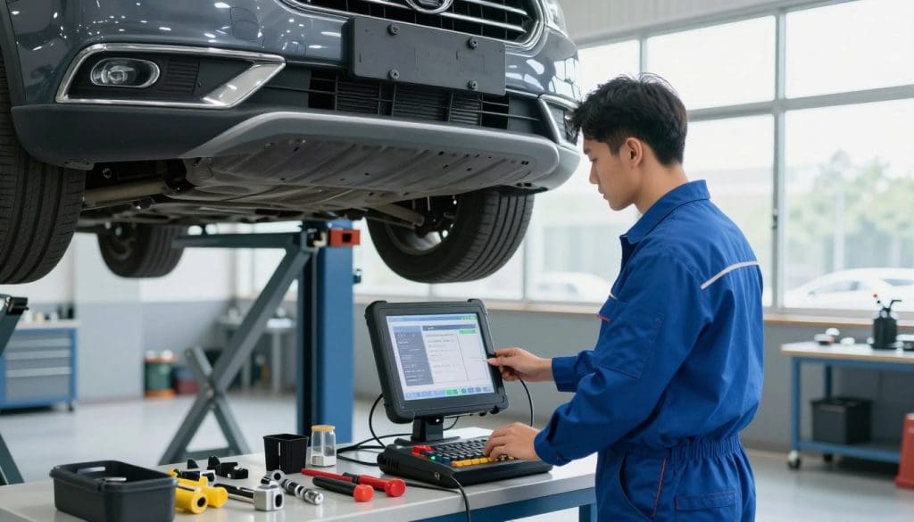 A professional automotive technician in a modern garage is conducting a car diagnostic test. In the foreground, the technician, dressed in a smart blue uniform, is intently focused on a high-tech diagnostic tool that displays engine metrics. The car, a sleek, modern sedan, is raised on a hydraulic lift, revealing its underside. In the middle ground, tools and automotive parts are neatly organized on a workbench, adding a sense of order to the workspace. The background features bright, natural lighting streaming through large windows, enhancing the clean, professional atmosphere. The overall mood is one of diligence and precision, emphasizing the importance of effective diagnostics in car maintenance. A professional automotive technician in a modern garage is conducting a car diagnostic test. In the foreground, the technician, dressed in a smart blue uniform, is intently focused on a high-tech diagnostic tool that displays engine metrics. The car, a sleek, modern sedan, is raised on a hydraulic lift, revealing its underside. In the middle ground, tools and automotive parts are neatly organized on a workbench, adding a sense of order to the workspace. The background features bright, natural lighting streaming through large windows, enhancing the clean, professional atmosphere. The overall mood is one of diligence and precision, emphasizing the importance of effective diagnostics in car maintenance.