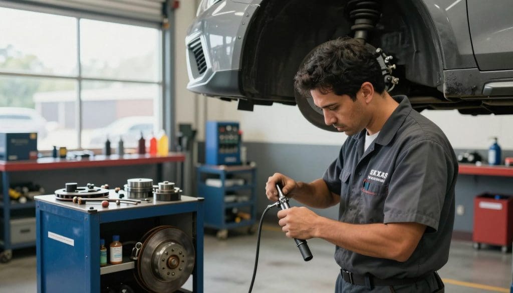 A professional brake repair service scene set in San Antonio, showcasing a modern auto repair shop. In the foreground, a skilled technician in a clean, professional uniform inspects a car's brake components, using tools with precision. The middle ground features an organized workshop with various brake parts and a hydraulic lift, demonstrating an environment of expertise. The background reveals a large window, letting in natural light that highlights the shiny tools and equipment, enhancing the atmosphere of professionalism and care. The overall mood is focused and industrious, capturing the essence of reliable brake repair services in Texas. Ensure the technician is depicted in a modest, professional manner, emphasizing a commitment to quality service.