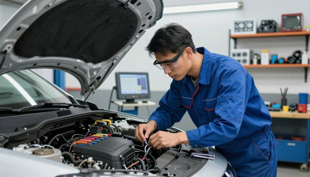 A professional mechanic in a clean garage environment, wearing a blue work uniform and safety goggles, is meticulously inspecting a car's climate control system under bright overhead lights. In the foreground, an open hood reveals colorful components of the air conditioning unit, with tools like wrenches and gauges neatly arranged nearby. The mechanic's focused expression emphasizes the importance of expertise in climate control repair. In the middle ground, diagnostic equipment displays readings, hinting at technical complexity. The background features neatly organized shelves with spare parts and tools, enhancing the professional atmosphere. The overall lighting is bright and inviting, showcasing a sense of care and precision essential for effective repairs. The mood conveys trust and professionalism, ideal for illustrating the importance of skilled service.