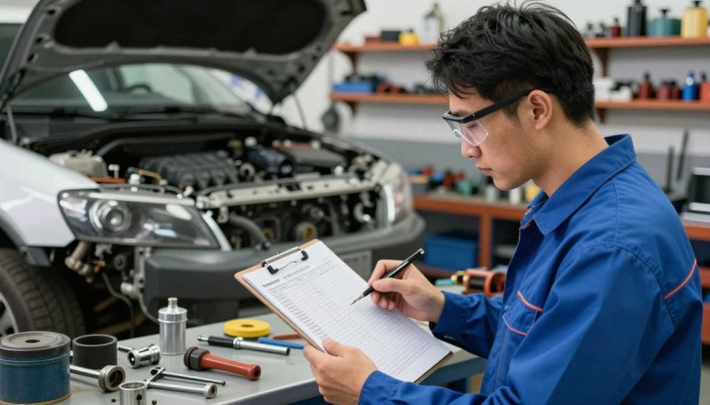 A professional mechanic in a well-lit workshop is evaluating the financial viability of major automotive repairs. In the foreground, a mechanic, wearing a blue work shirt and safety glasses, examines a detailed repair estimate on a clipboard. Tools and spare parts are neatly arranged on a workbench nearby. In the middle, a partially disassembled car is visible, with some engine components exposed, highlighting the complexity of repairs. In the background, shelves filled with tools and repair manuals create a sense of depth and expertise. The lighting is bright and focused, emphasizing the mechanic’s concentration and the importance of making informed decisions. The atmosphere is serious yet hopeful, with a subtle hint of determination, reflecting the critical evaluation process behind major automotive repairs.