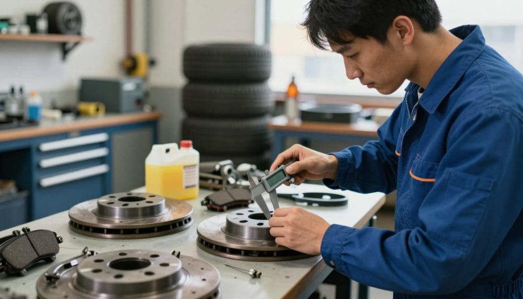 A professional mechanic inspecting a set of brake components in a bright, well-lit automotive workshop. In the foreground, the mechanic, dressed in a blue mechanic's jumpsuit, is focused on examining a brake pad with a digital caliper, showcasing precision. The middle ground features various brake parts, like rotors and brake fluid containers, organized neatly on workbenches. In the background, tool cabinets and a tire rack display a bustling atmosphere of an active garage. Soft, warm lighting illuminates the scene, creating a sense of reliability and expertise, while subtle shadows enhance the details of the parts. The overall mood conveys professionalism and the importance of maintenance for safety, emphasizing the critical nature of brake performance.
