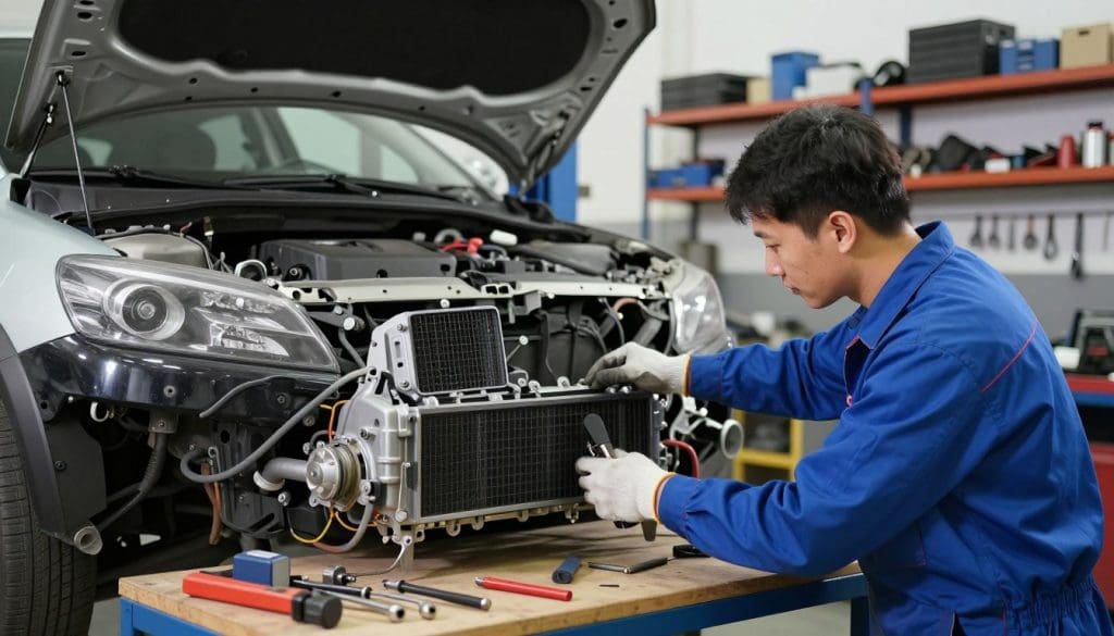 A professional mechanic working on a car heater in a well-equipped garage. In the foreground, the mechanic, dressed in a blue work uniform and gloves, is focused on a disassembled car dashboard, revealing the heating system. Tools and equipment are scattered on a workbench nearby, illuminated by soft overhead lighting, creating a bright and inviting atmosphere. In the middle ground, a car is lifted on a hydraulic jack, with the hood open and various car parts visible. The background shows shelves filled with tools and spare parts, giving a sense of professionalism and expertise. The image conveys a feeling of diligence and importance in professional car heater repair, emphasizing the complexity and necessity of proper servicing. A professional mechanic working on a car heater in a well-equipped garage. In the foreground, the mechanic, dressed in a blue work uniform and gloves, is focused on a disassembled car dashboard, revealing the heating system. Tools and equipment are scattered on a workbench nearby, illuminated by soft overhead lighting, creating a bright and inviting atmosphere. In the middle ground, a car is lifted on a hydraulic jack, with the hood open and various car parts visible. The background shows shelves filled with tools and spare parts, giving a sense of professionalism and expertise. The image conveys a feeling of diligence and importance in professional car heater repair, emphasizing the complexity and necessity of proper servicing.