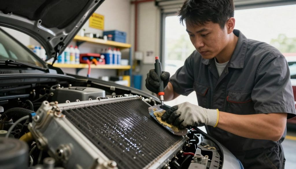 A professional technician cleaning an automotive A/C evaporator in a well-lit garage in San Antonio, Texas. The technician, wearing a neat uniform and gloves, is focused on the intricate components of the evaporator, using specialized tools to remove debris. In the foreground, close-up of the evaporator with a few drops of condensation and dirt being wiped away, showcasing signs of blockages. The middle features shelves with A/C cleaning supplies and tools organized neatly, while the background shows a bright, clean workshop with safety signs and light filtering through windows, creating a sense of responsibility and professionalism. The atmosphere is industrious and focused, with warm light highlighting the technician's careful work.