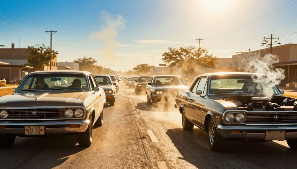 A scorching Texas highway in San Antonio during peak afternoon heat, with intense sunlight casting sharp shadows. In the foreground, a vintage car is caught in stop-and-go traffic, its engine temperature gauge visibly rising, steam escaping from under the hood. The middle ground features a slow line of vehicles inching forward, some drivers visibly frustrated. The background showcases a sun-bleached urban landscape with heat waves shimmering above asphalt. Bright blue sky contrasts with the harshness of the sun, adding to the sense of oppressive heat. Use warm golden tones and high contrast to amplify the sweltering atmosphere. The image should capture the tension and discomfort of driving in extreme heat while focusing on the importance of vehicle maintenance in such conditions.