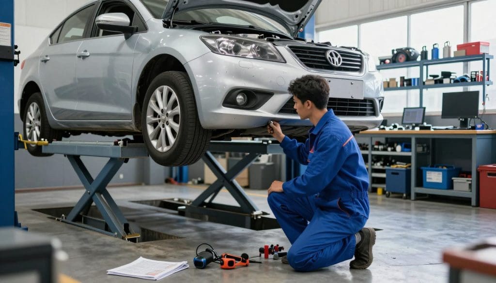 A skilled automotive mechanic conducting a thorough inspection of a used car in a well-lit service garage. In the foreground, the mechanic, dressed in a professional blue jumpsuit, kneels beside the car, examining the engine with a focused expression, tools scattered around them. The middle ground features a silver sedan up on a hydraulic lift, showcasing its undercarriage, while diagnostic equipment and car manuals are visible on a nearby workbench. The background reveals shelves filled with automotive parts and a large window letting in natural light, creating an inviting and professional atmosphere. The scene captures a sense of diligence and expertise, emphasizing the importance of inspection in the used car buying process, with soft lighting to enhance the realism of the environment. A skilled automotive mechanic conducting a thorough inspection of a used car in a well-lit service garage. In the foreground, the mechanic, dressed in a professional blue jumpsuit, kneels beside the car, examining the engine with a focused expression, tools scattered around them. The middle ground features a silver sedan up on a hydraulic lift, showcasing its undercarriage, while diagnostic equipment and car manuals are visible on a nearby workbench. The background reveals shelves filled with automotive parts and a large window letting in natural light, creating an inviting and professional atmosphere. The scene captures a sense of diligence and expertise, emphasizing the importance of inspection in the used car buying process, with soft lighting to enhance the realism of the environment.