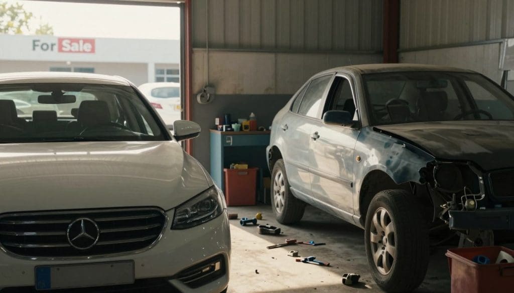 A split image depicting the negative effects of improper vehicle repairs on resale value. The foreground features a pristine, well-maintained car on the left, shining under warm, natural sunlight. The middle layer shows a garage with tools and components scattered around, hinting at hasty repairs. On the right, a visibly damaged vehicle with mismatched paint and signs of poor maintenance, set in a shadowy corner of a cluttered garage, symbolizes lost value. In the background, a faint outline of a used car dealership with "For Sale" signs enhances the context of resale value. The atmosphere is one of disappointment and caution, with soft, diffused lighting creating contrasting moods of hope and regret. The angle captures both the pristine and damaged vehicles to emphasize the stark differences in resale potential. A split image depicting the negative effects of improper vehicle repairs on resale value. The foreground features a pristine, well-maintained car on the left, shining under warm, natural sunlight. The middle layer shows a garage with tools and components scattered around, hinting at hasty repairs. On the right, a visibly damaged vehicle with mismatched paint and signs of poor maintenance, set in a shadowy corner of a cluttered garage, symbolizes lost value. In the background, a faint outline of a used car dealership with "For Sale" signs enhances the context of resale value. The atmosphere is one of disappointment and caution, with soft, diffused lighting creating contrasting moods of hope and regret. The angle captures both the pristine and damaged vehicles to emphasize the stark differences in resale potential.