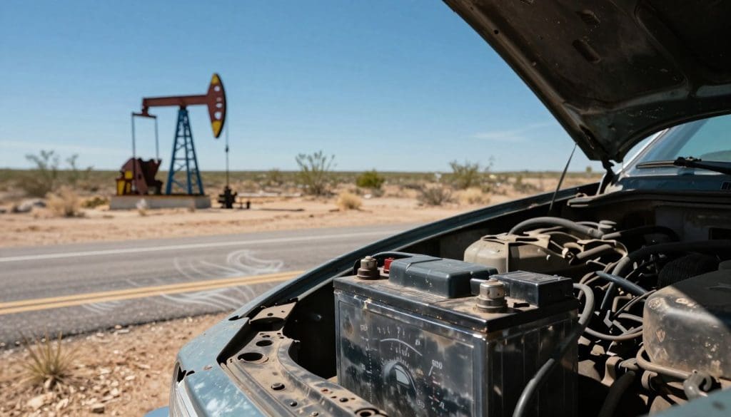 A sun-bleached Texas landscape in the foreground features a weathered car parked under the blazing sun, with visible heat waves shimmering above the asphalt. The paint on the car shows signs of wear and tear, symbolizing the harsh effects of high temperatures on battery life. In the middle ground, dry desert plants and a faded oil well punctuate the scene, indicating the rugged terrain of Texas. The background reveals a vast blue sky, cloudless and intensely bright. The lighting is harsh, casting strong contrasts and deep shadows, enhancing the feeling of oppressive heat. A close-up perspective focuses on the car battery, slightly open, with temperature gauges showing alarming readings. The mood is tense, highlighting the struggle between mechanical resilience and extreme weather.