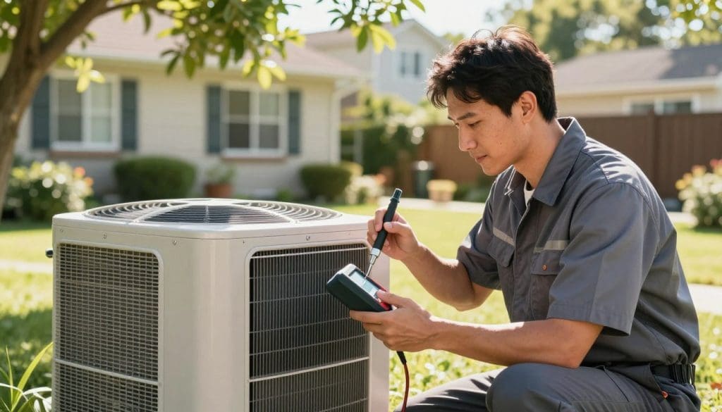 A technician in a neat, professional uniform, carefully inspecting a residential air conditioning unit in a bright, sunlit backyard. The focus is on the technician using specialized tools, with detailed close-ups of the diagnostic equipment and the A/C unit's intricate components, like coils and filters. In the background, a suburban home with well-maintained landscaping enhances the relaxed atmosphere. Soft afternoon sunlight filters through the leaves of nearby trees, casting dappled shadows around the scene. The technician's expression is concentrated yet approachable, emphasizing professionalism. The overall mood is one of diligence and care, highlighting the importance of regular A/C maintenance for its longevity. A technician in a neat, professional uniform, carefully inspecting a residential air conditioning unit in a bright, sunlit backyard. The focus is on the technician using specialized tools, with detailed close-ups of the diagnostic equipment and the A/C unit's intricate components, like coils and filters. In the background, a suburban home with well-maintained landscaping enhances the relaxed atmosphere. Soft afternoon sunlight filters through the leaves of nearby trees, casting dappled shadows around the scene. The technician's expression is concentrated yet approachable, emphasizing professionalism. The overall mood is one of diligence and care, highlighting the importance of regular A/C maintenance for its longevity.